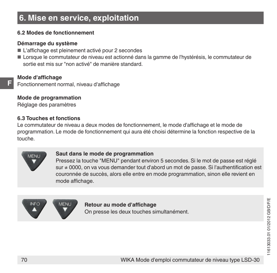Mise en service, exploitation | WIKA LSD-30 User Manual | Page 70 / 104