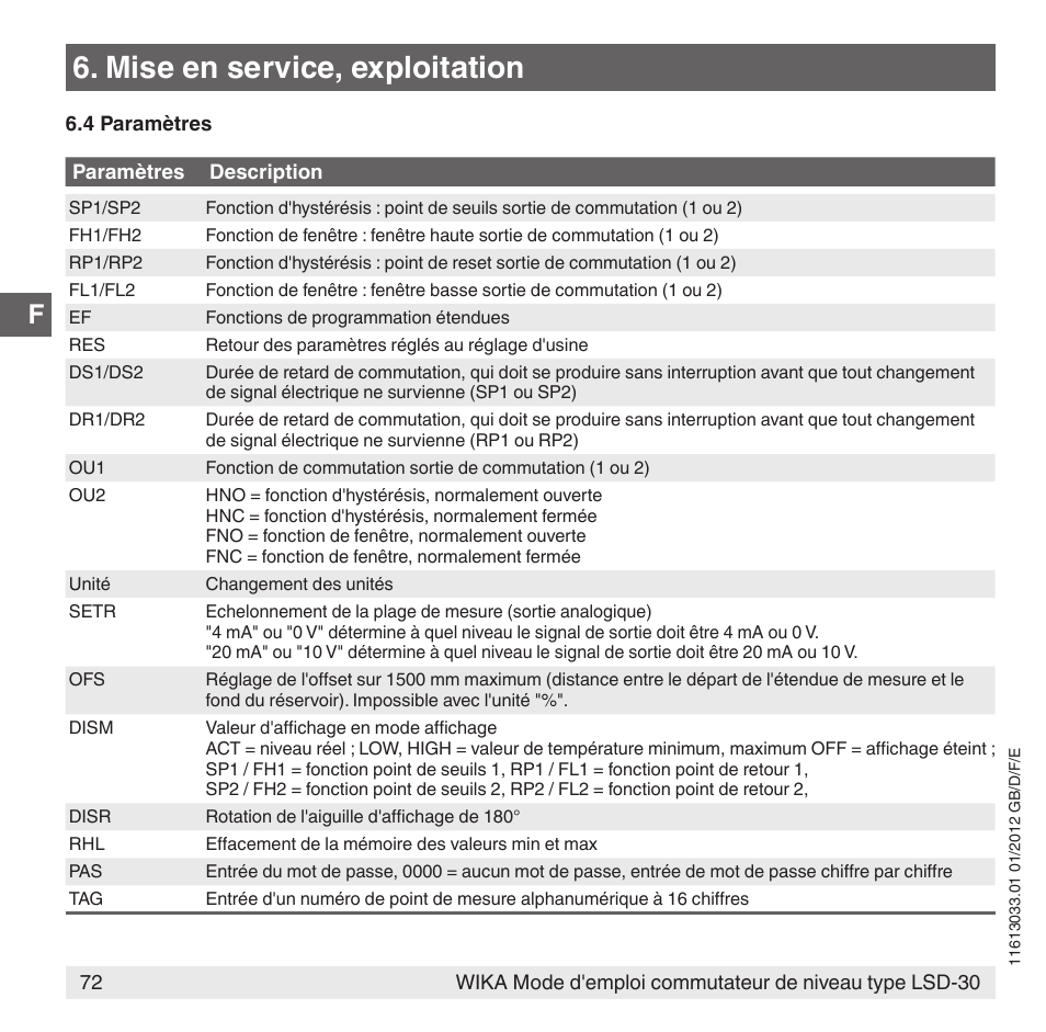 Mise en service, exploitation | WIKA LSD-30 User Manual | Page 72 / 104