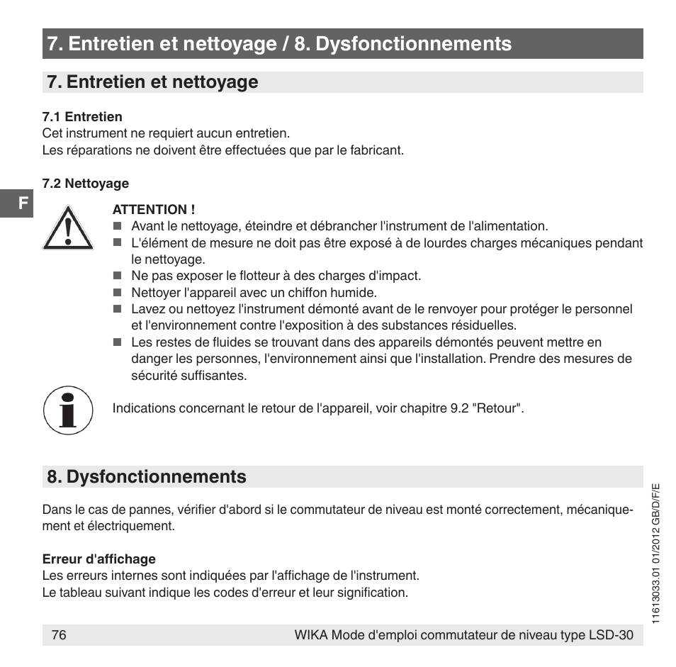Entretien et nettoyage / 8. dysfonctionnements, Entretien et nettoyage, Dysfonctionnements | WIKA LSD-30 User Manual | Page 76 / 104