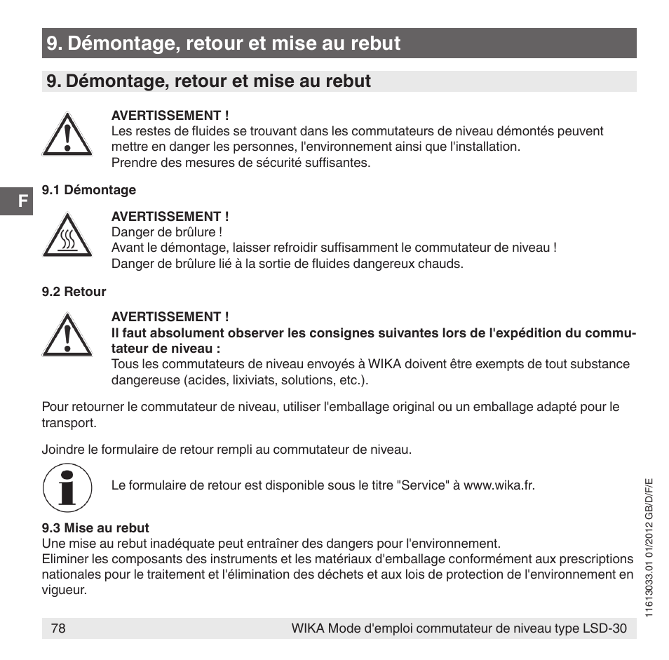 Démontage, retour et mise au rebut | WIKA LSD-30 User Manual | Page 78 / 104
