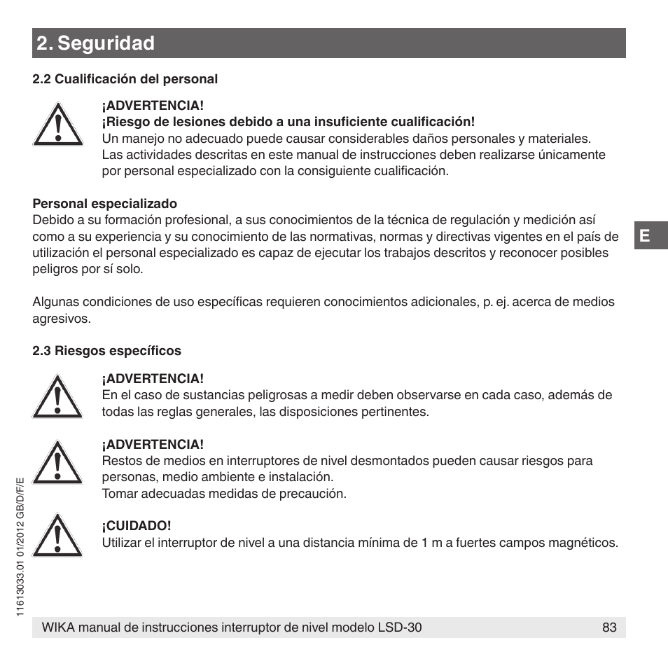 Seguridad | WIKA LSD-30 User Manual | Page 83 / 104