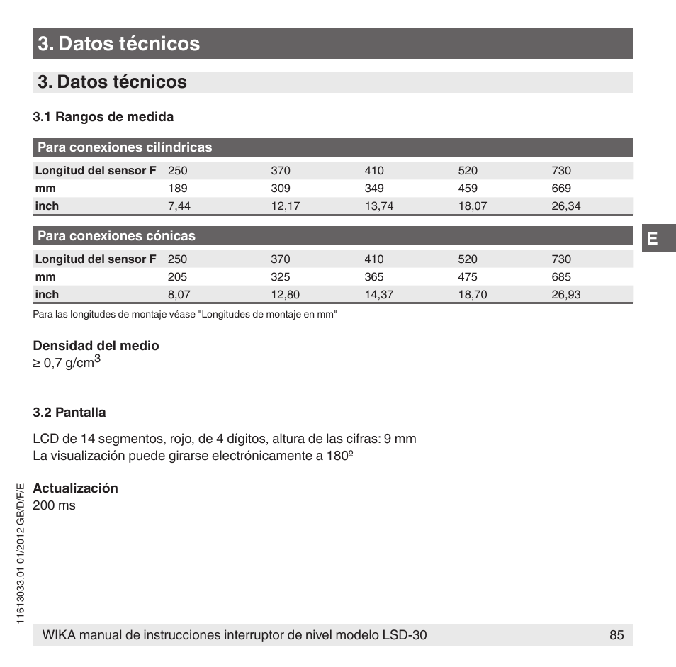 Datos técnicos | WIKA LSD-30 User Manual | Page 85 / 104