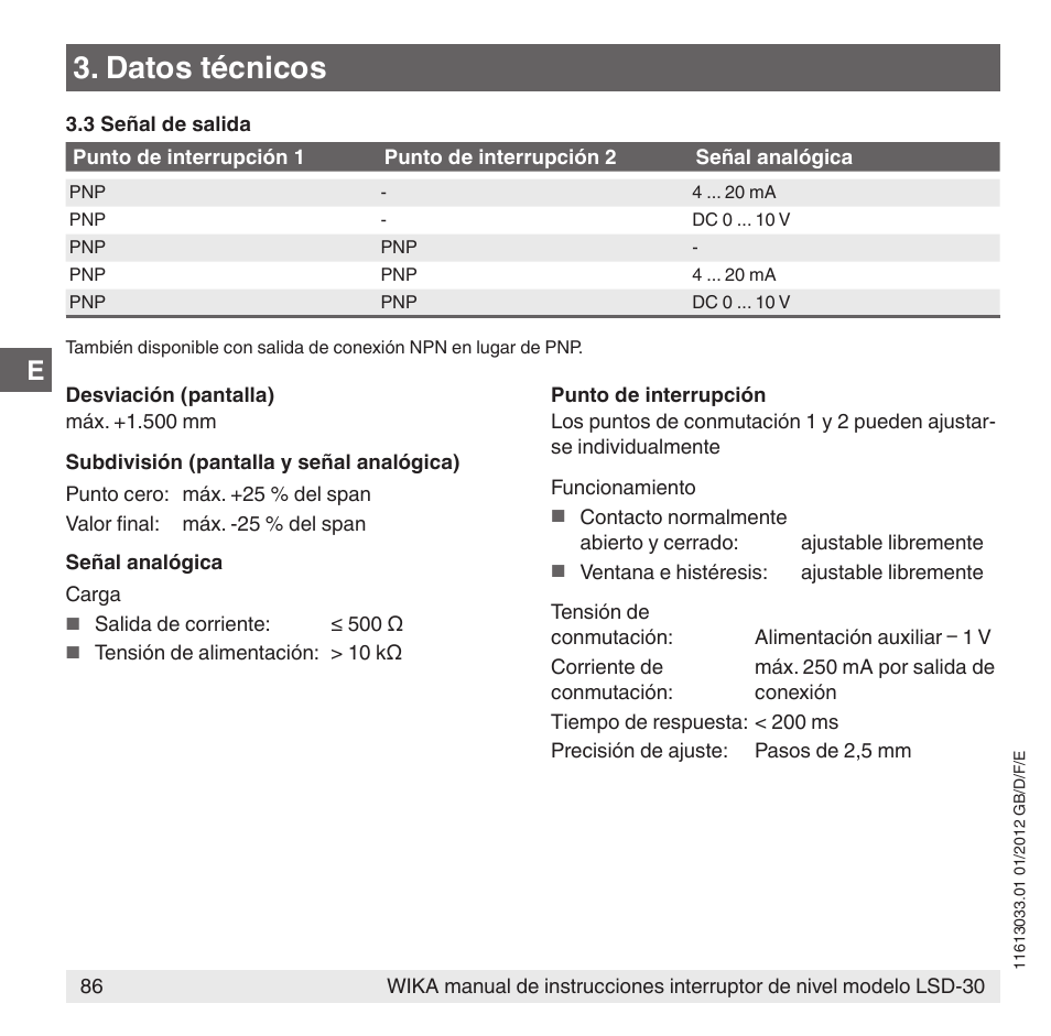 Datos técnicos | WIKA LSD-30 User Manual | Page 86 / 104
