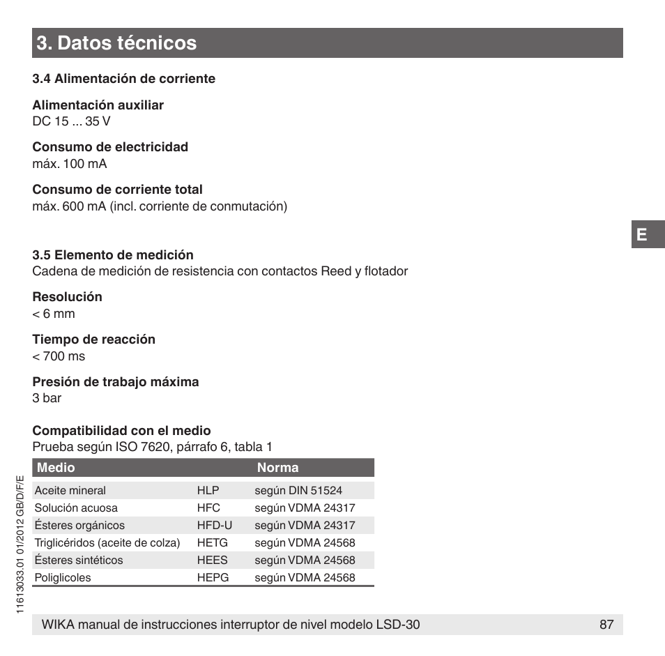 Datos técnicos | WIKA LSD-30 User Manual | Page 87 / 104