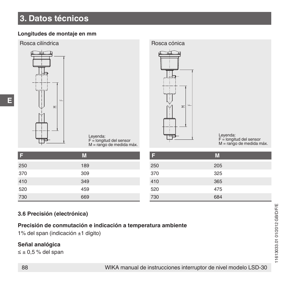 Datos técnicos | WIKA LSD-30 User Manual | Page 88 / 104
