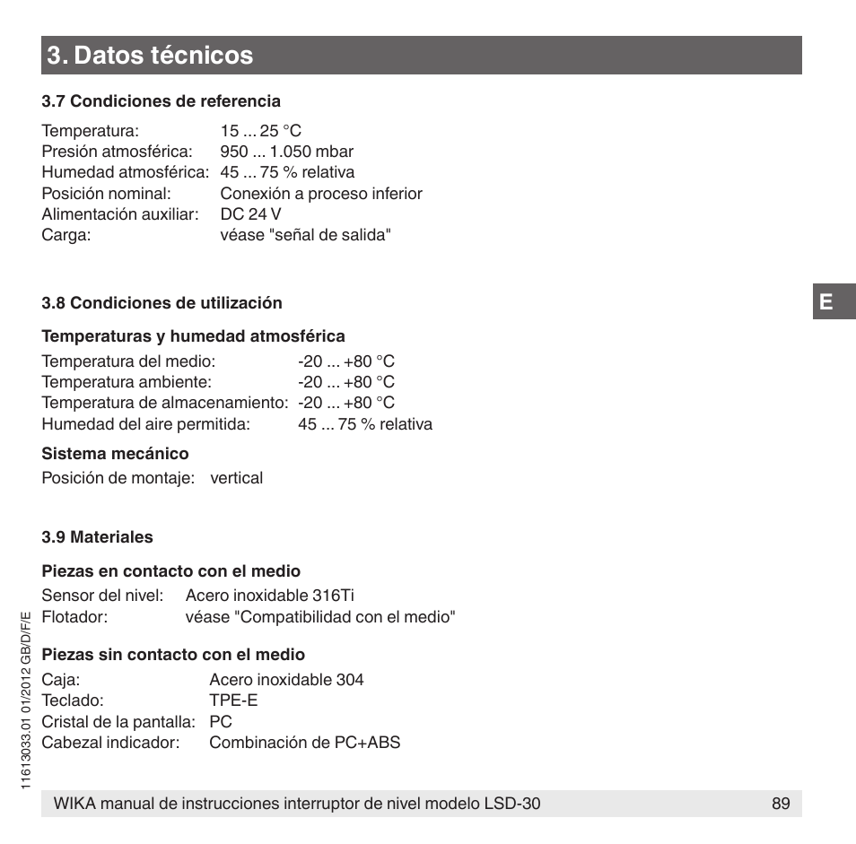Datos técnicos | WIKA LSD-30 User Manual | Page 89 / 104