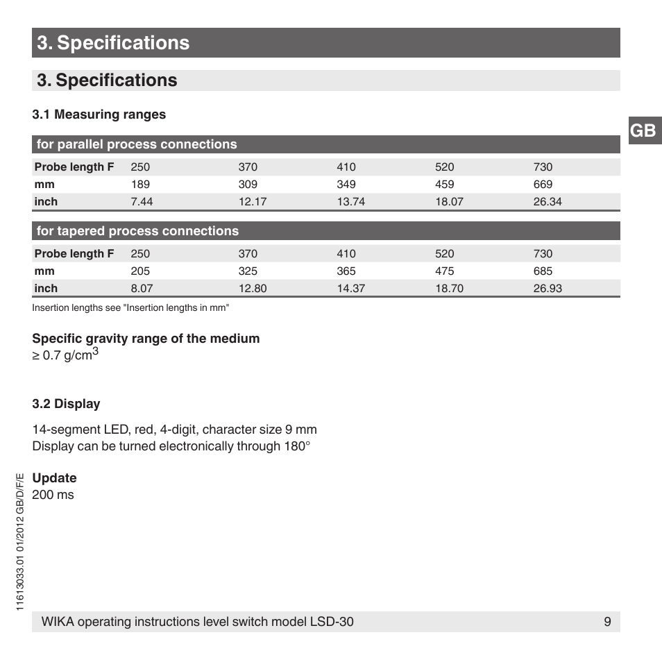 Specifications | WIKA LSD-30 User Manual | Page 9 / 104