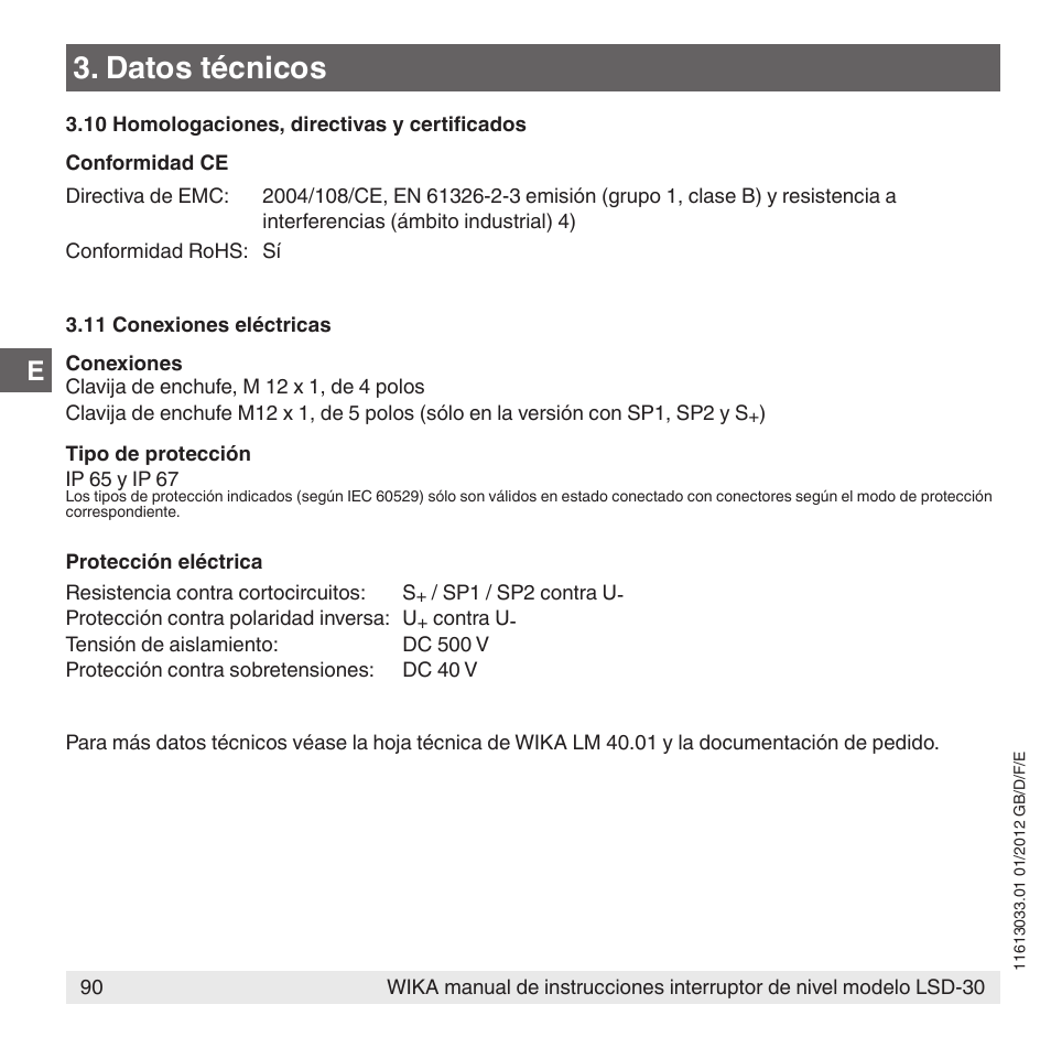 Datos técnicos | WIKA LSD-30 User Manual | Page 90 / 104