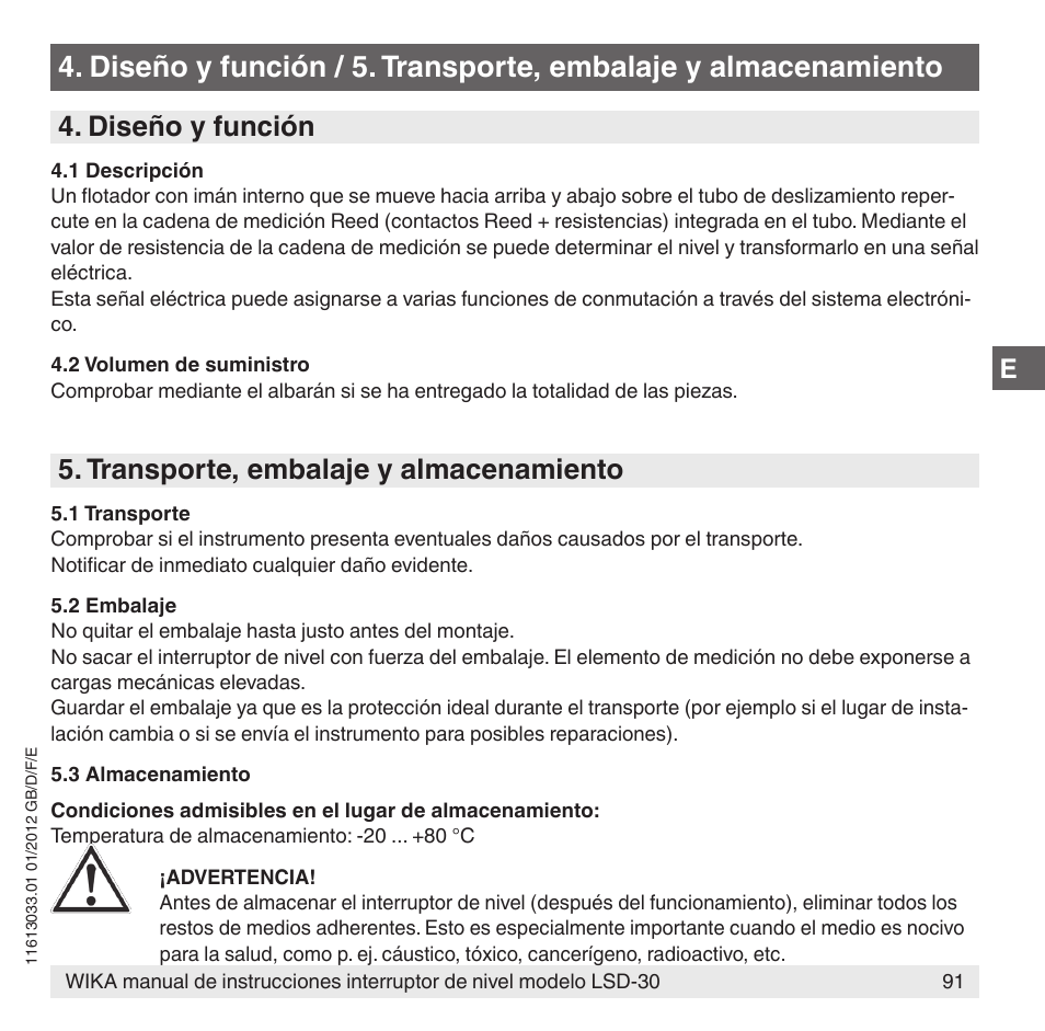 Diseño y función, Transporte, embalaje y almacenamiento | WIKA LSD-30 User Manual | Page 91 / 104