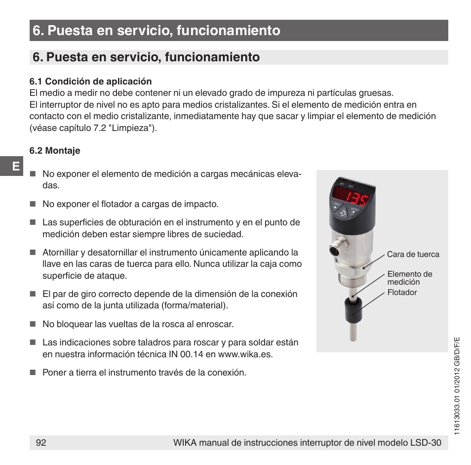 Puesta en servicio, funcionamiento | WIKA LSD-30 User Manual | Page 92 / 104