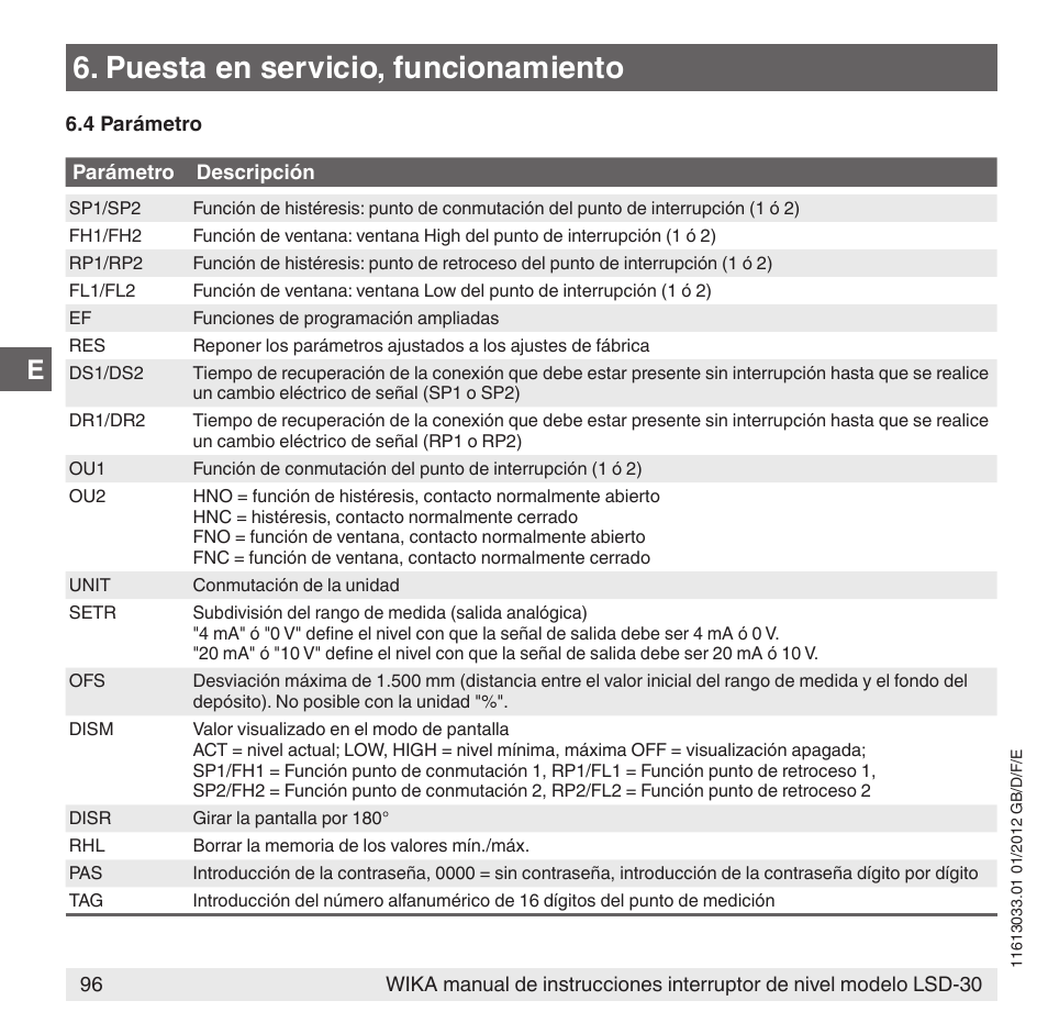 Puesta en servicio, funcionamiento | WIKA LSD-30 User Manual | Page 96 / 104