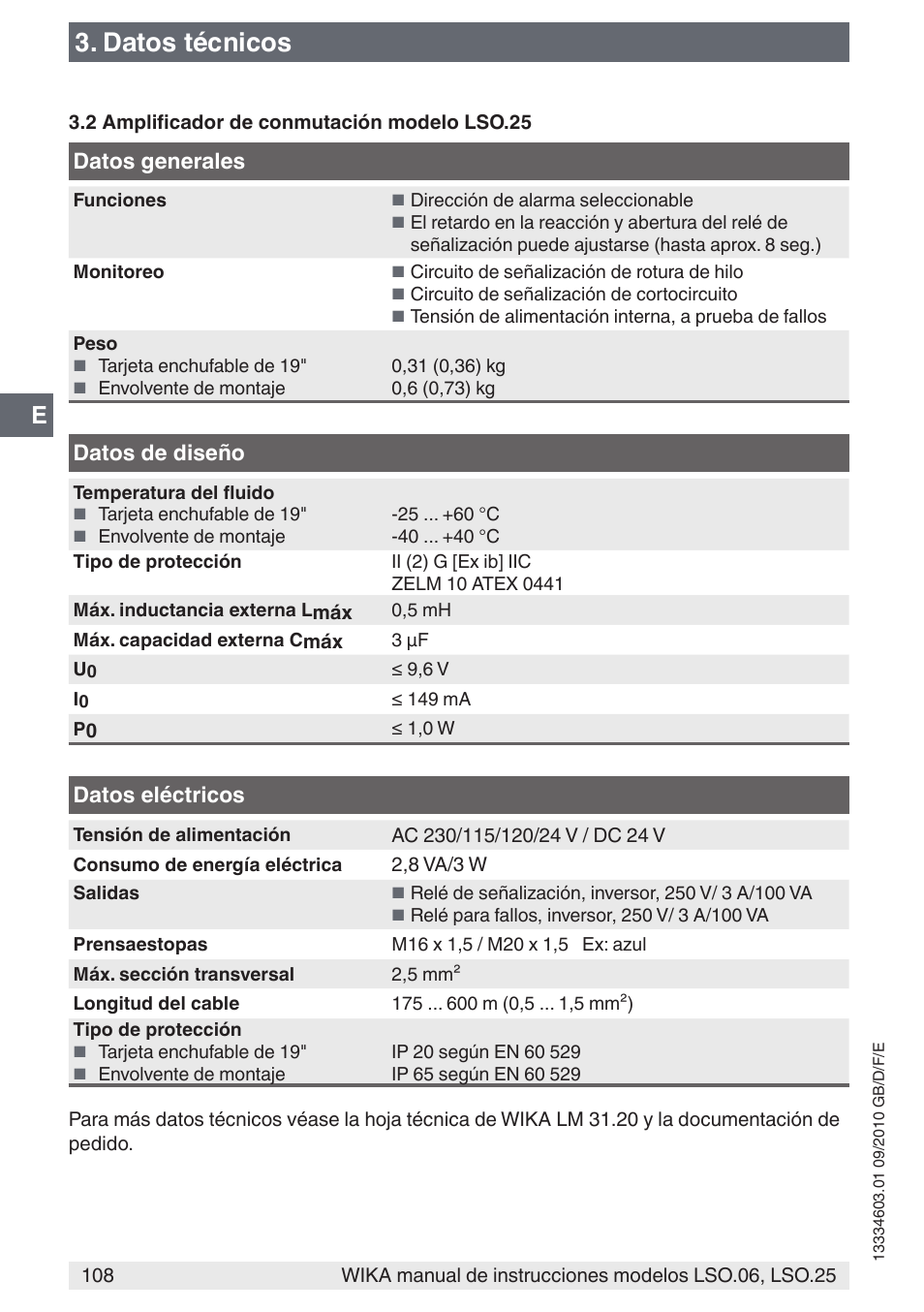 Datos técnicos, Datos generales, Datos de diseño | Datos eléctricos | WIKA LSO.25 User Manual | Page 108 / 132