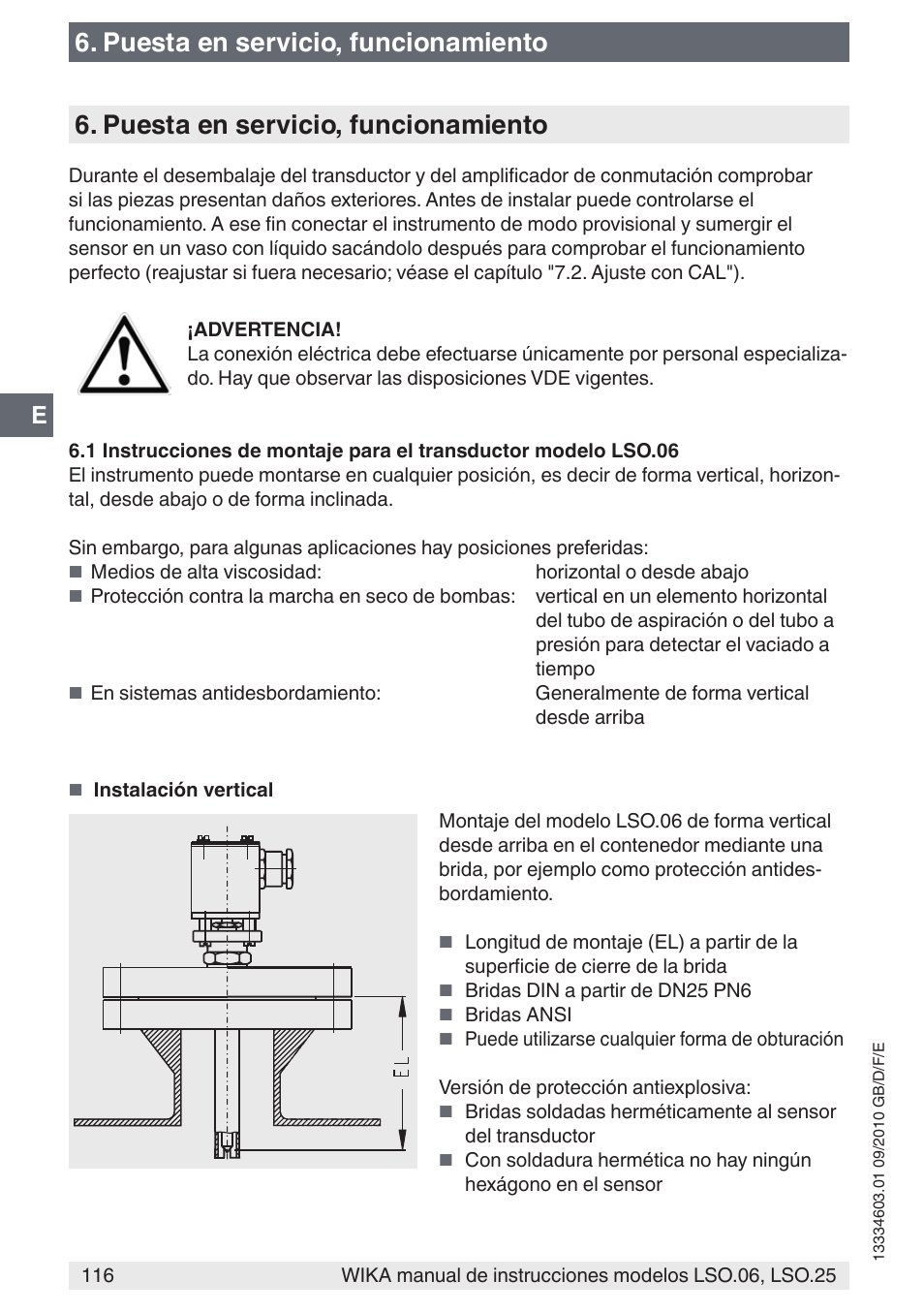 Puesta en servicio, funcionamiento | WIKA LSO.25 User Manual | Page 116 / 132