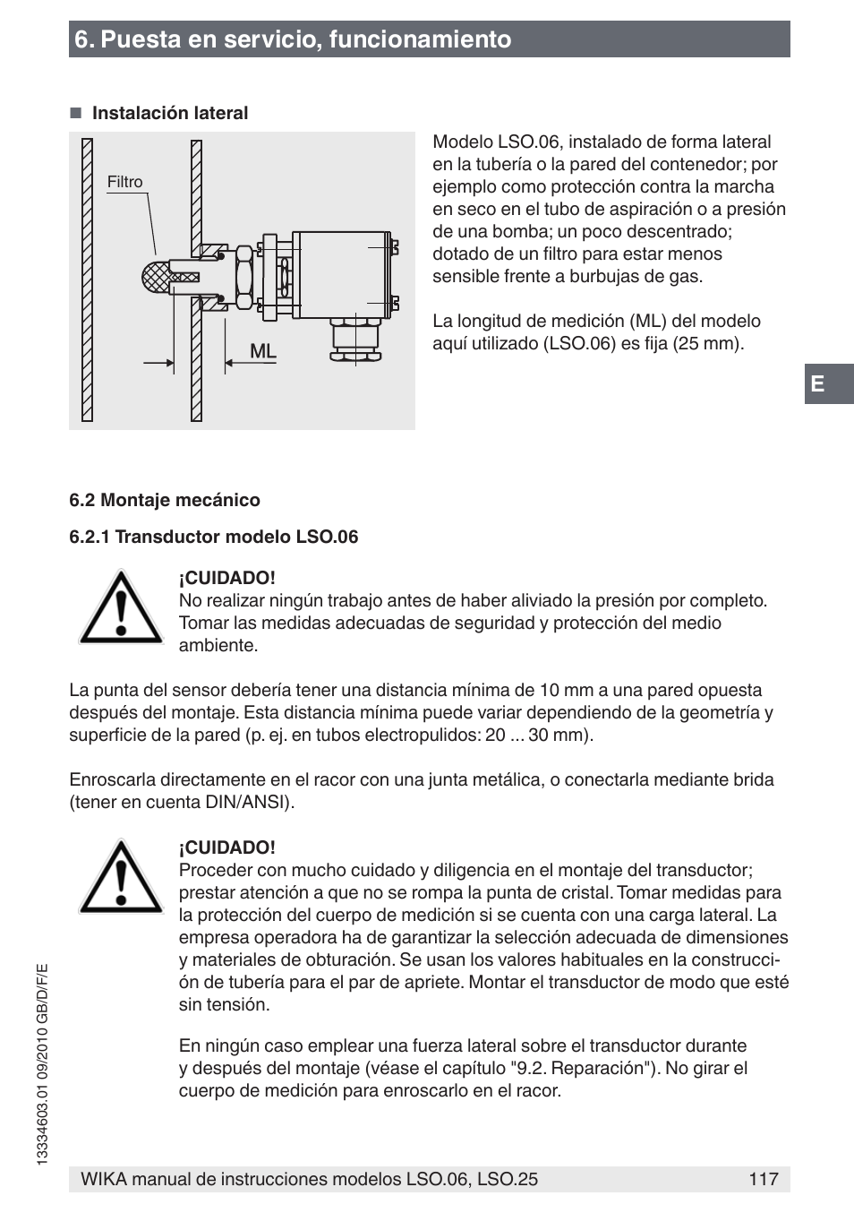 Puesta en servicio, funcionamiento | WIKA LSO.25 User Manual | Page 117 / 132