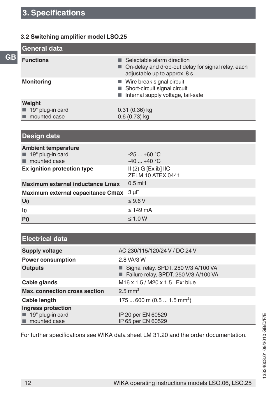 Specifications, General data, Design data | Electrical data | WIKA LSO.25 User Manual | Page 12 / 132