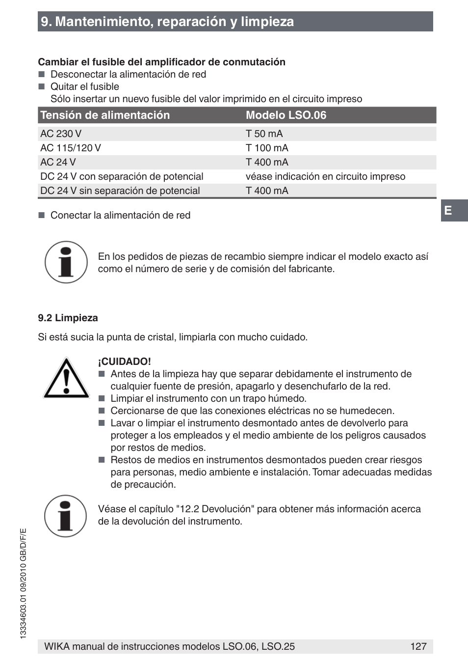 Mantenimiento, reparación y limpieza | WIKA LSO.25 User Manual | Page 127 / 132