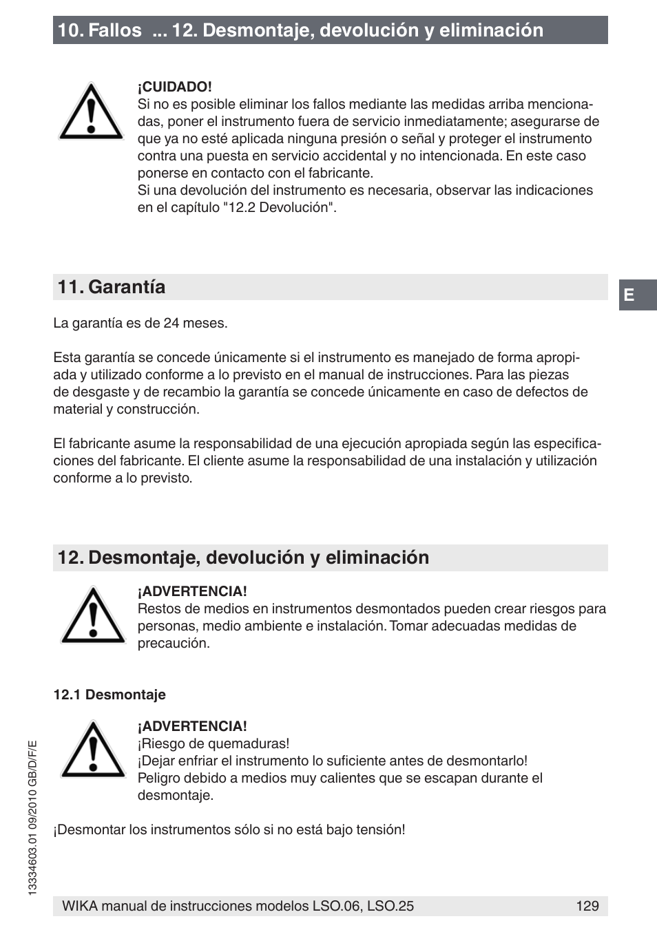 Garantía, Desmontaje, devolución y eliminación, Fallos . desmontaje, devolución y eliminación | WIKA LSO.25 User Manual | Page 129 / 132