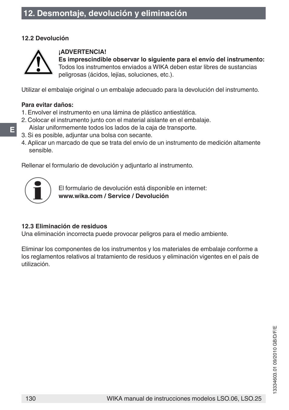 Desmontaje, devolución y eliminación | WIKA LSO.25 User Manual | Page 130 / 132