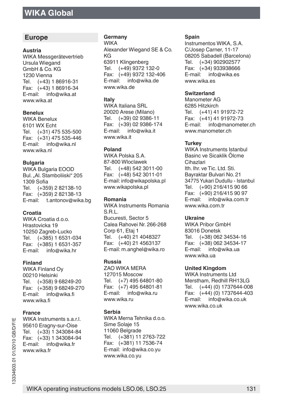 Wika global, Europe | WIKA LSO.25 User Manual | Page 131 / 132