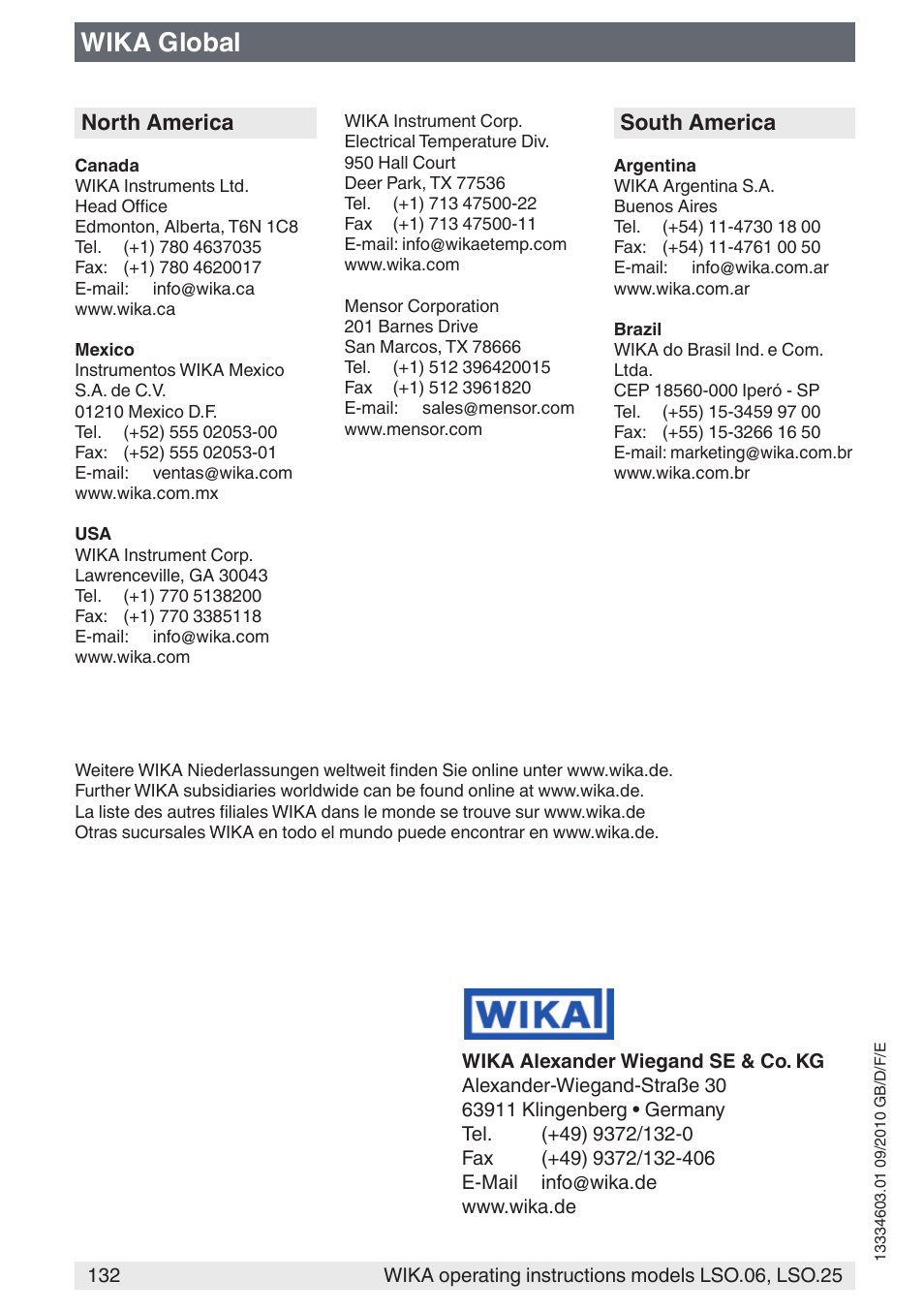 Wika global, North america, South america | WIKA LSO.25 User Manual | Page 132 / 132