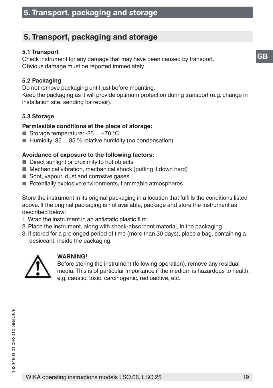 Transport, packaging and storage | WIKA LSO.25 User Manual | Page 19 / 132