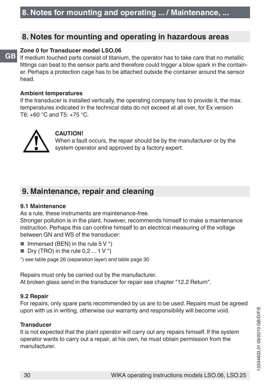 Maintenance, repair and cleaning | WIKA LSO.25 User Manual | Page 30 / 132