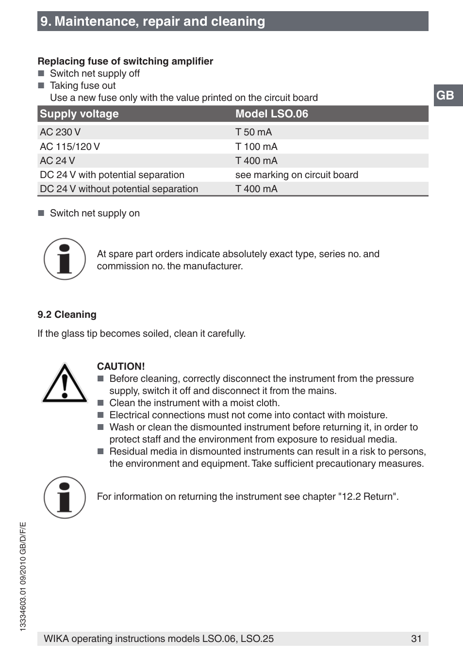 Maintenance, repair and cleaning | WIKA LSO.25 User Manual | Page 31 / 132