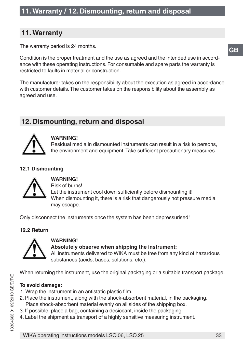 Warranty, Dismounting, return and disposal, Warranty / 12. dismounting, return and disposal | WIKA LSO.25 User Manual | Page 33 / 132