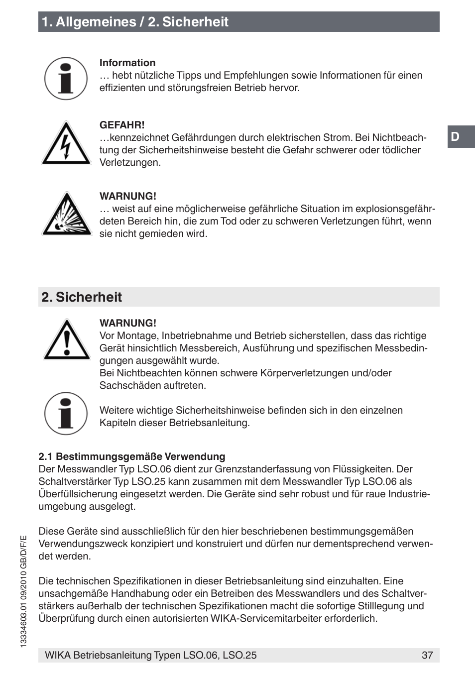 Allgemeines / 2. sicherheit, Sicherheit | WIKA LSO.25 User Manual | Page 37 / 132