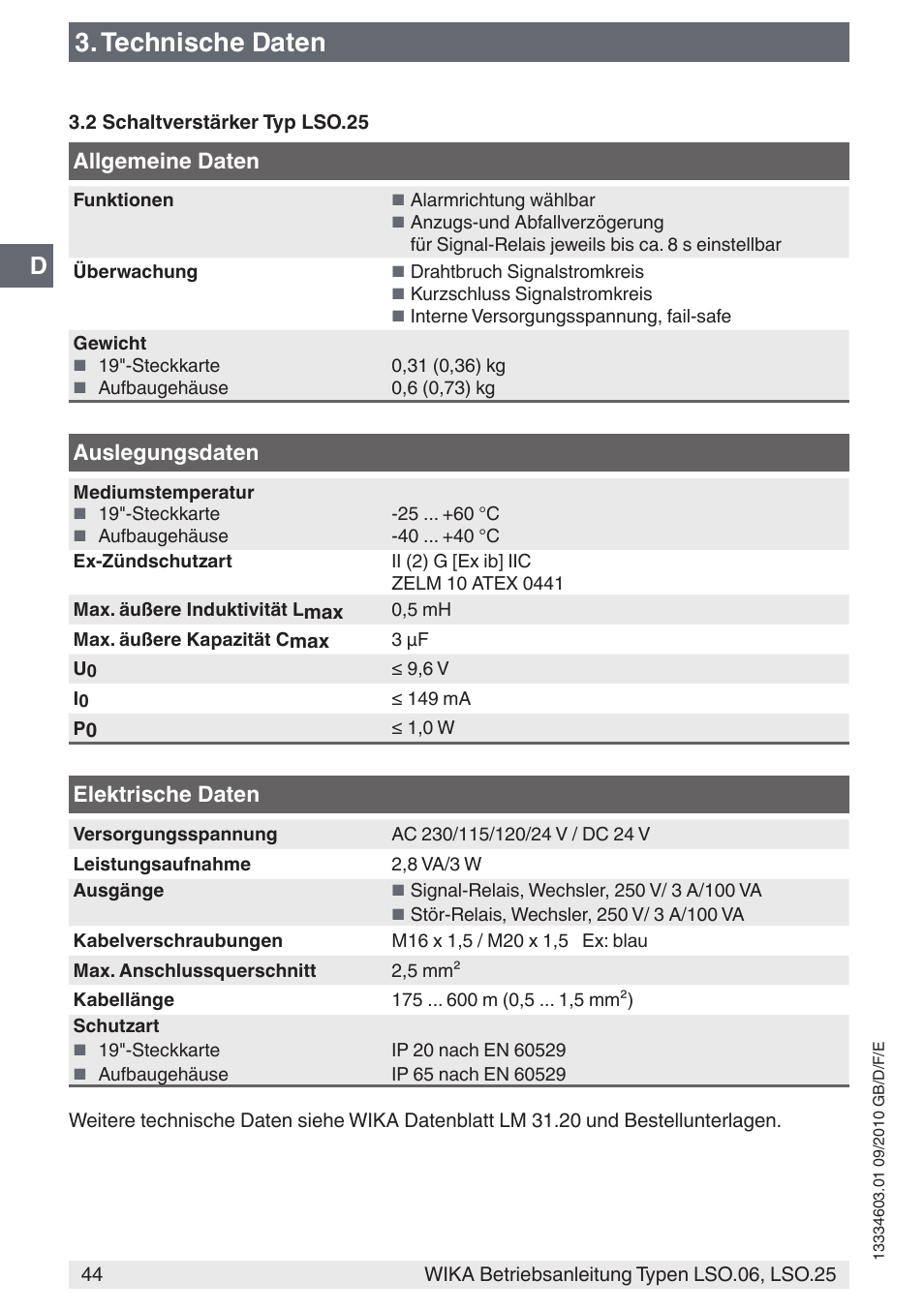 Technische daten, Allgemeine daten, Auslegungsdaten | Elektrische daten | WIKA LSO.25 User Manual | Page 44 / 132