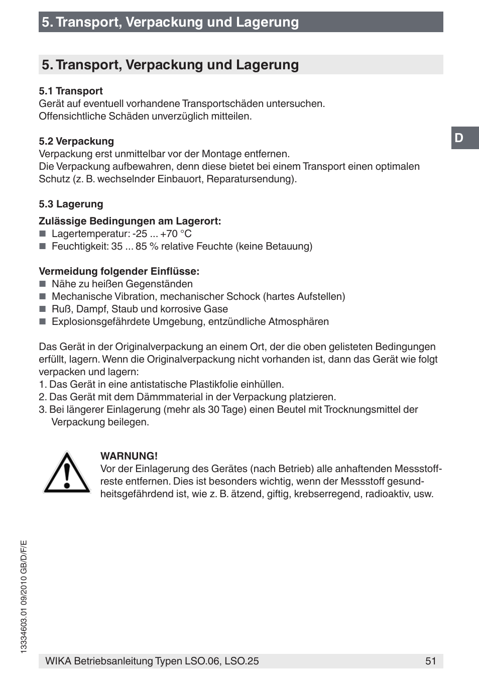 Transport, verpackung und lagerung | WIKA LSO.25 User Manual | Page 51 / 132