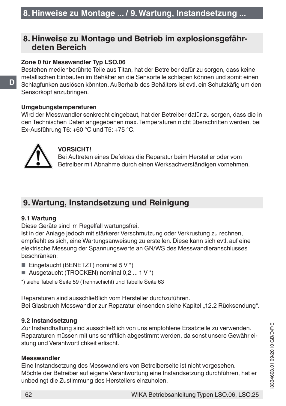 Wartung, instandsetzung und reinigung | WIKA LSO.25 User Manual | Page 62 / 132