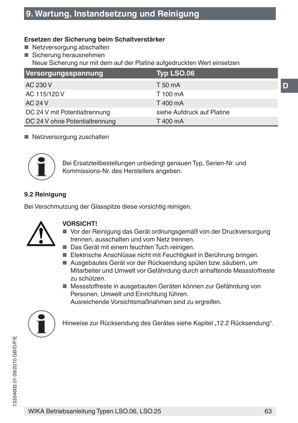 Wartung, instandsetzung und reinigung | WIKA LSO.25 User Manual | Page 63 / 132