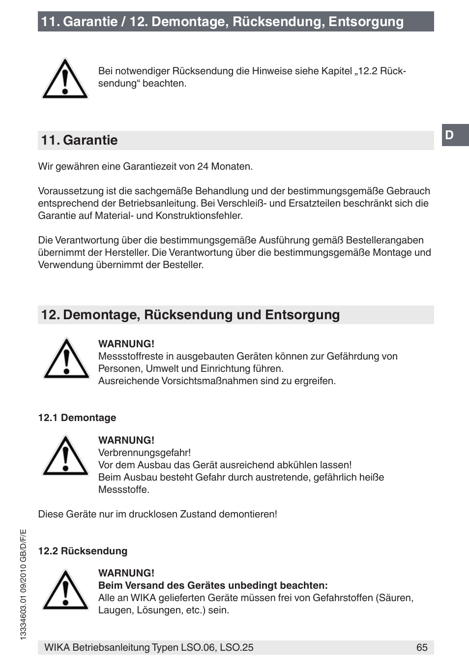 Garantie, Demontage, rücksendung und entsorgung, Garantie / 12. demontage, rücksendung, entsorgung | WIKA LSO.25 User Manual | Page 65 / 132