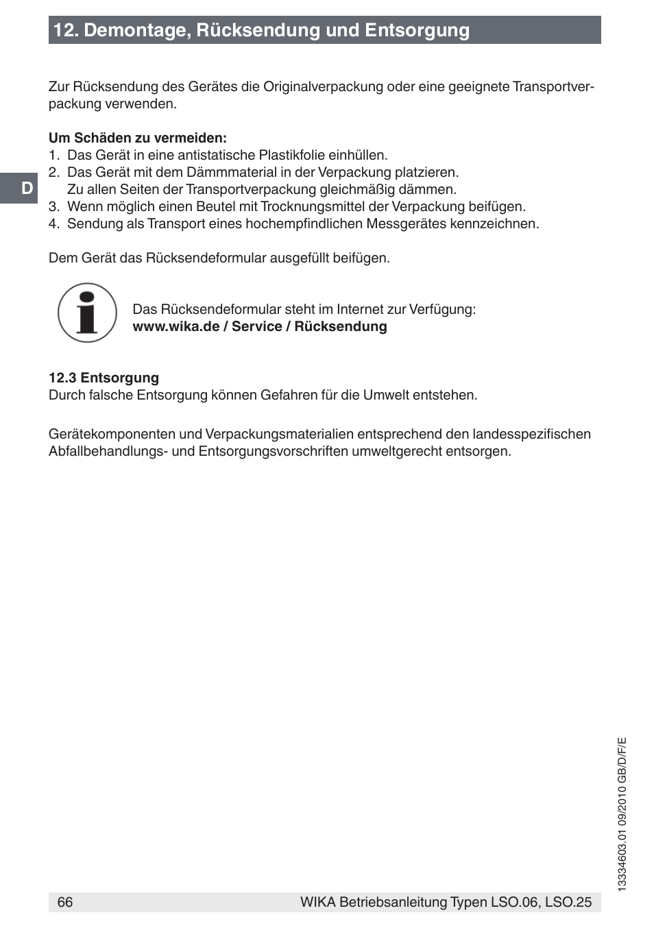 Demontage, rücksendung und entsorgung | WIKA LSO.25 User Manual | Page 66 / 132