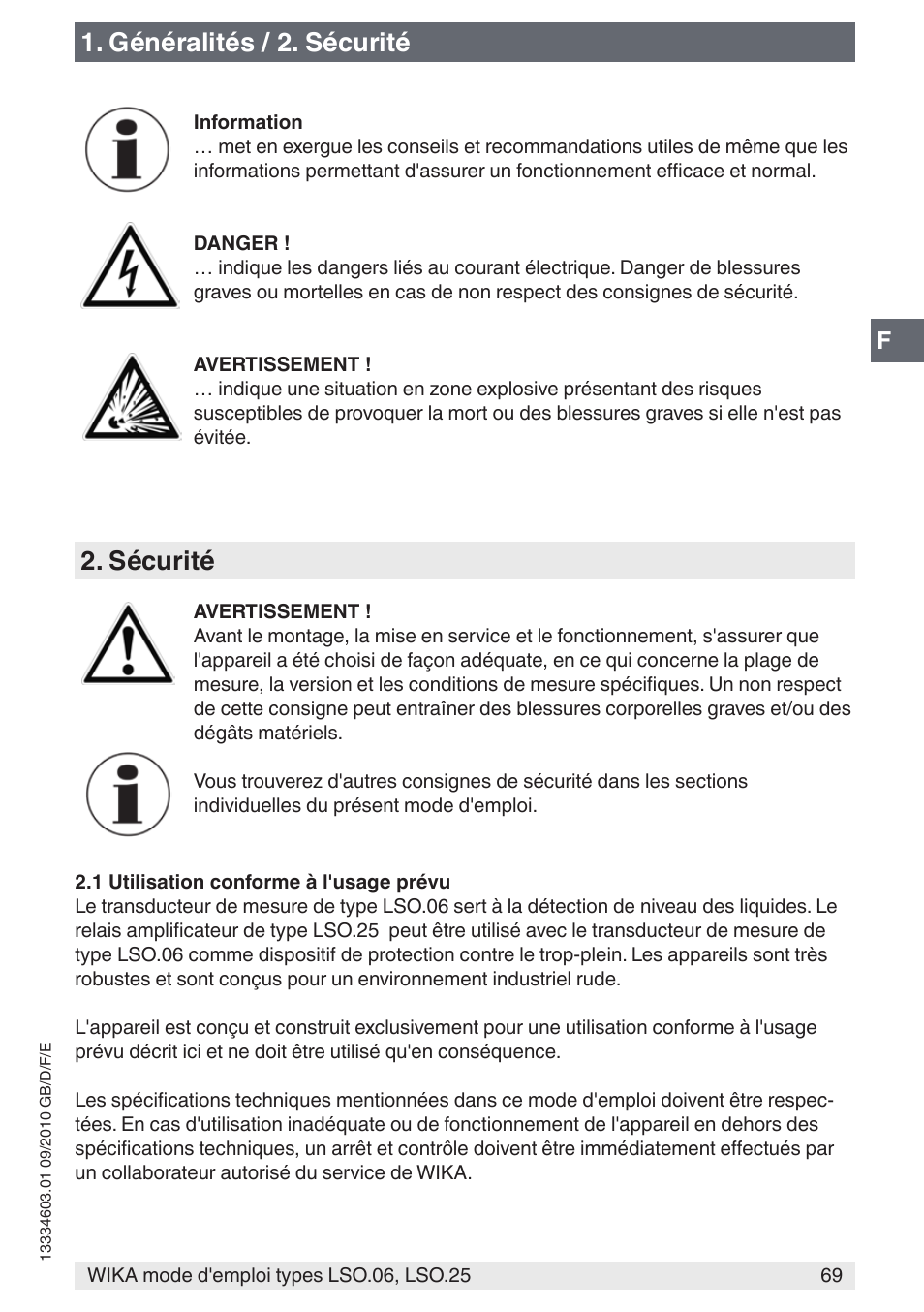 Généralités / 2. sécurité, Sécurité | WIKA LSO.25 User Manual | Page 69 / 132