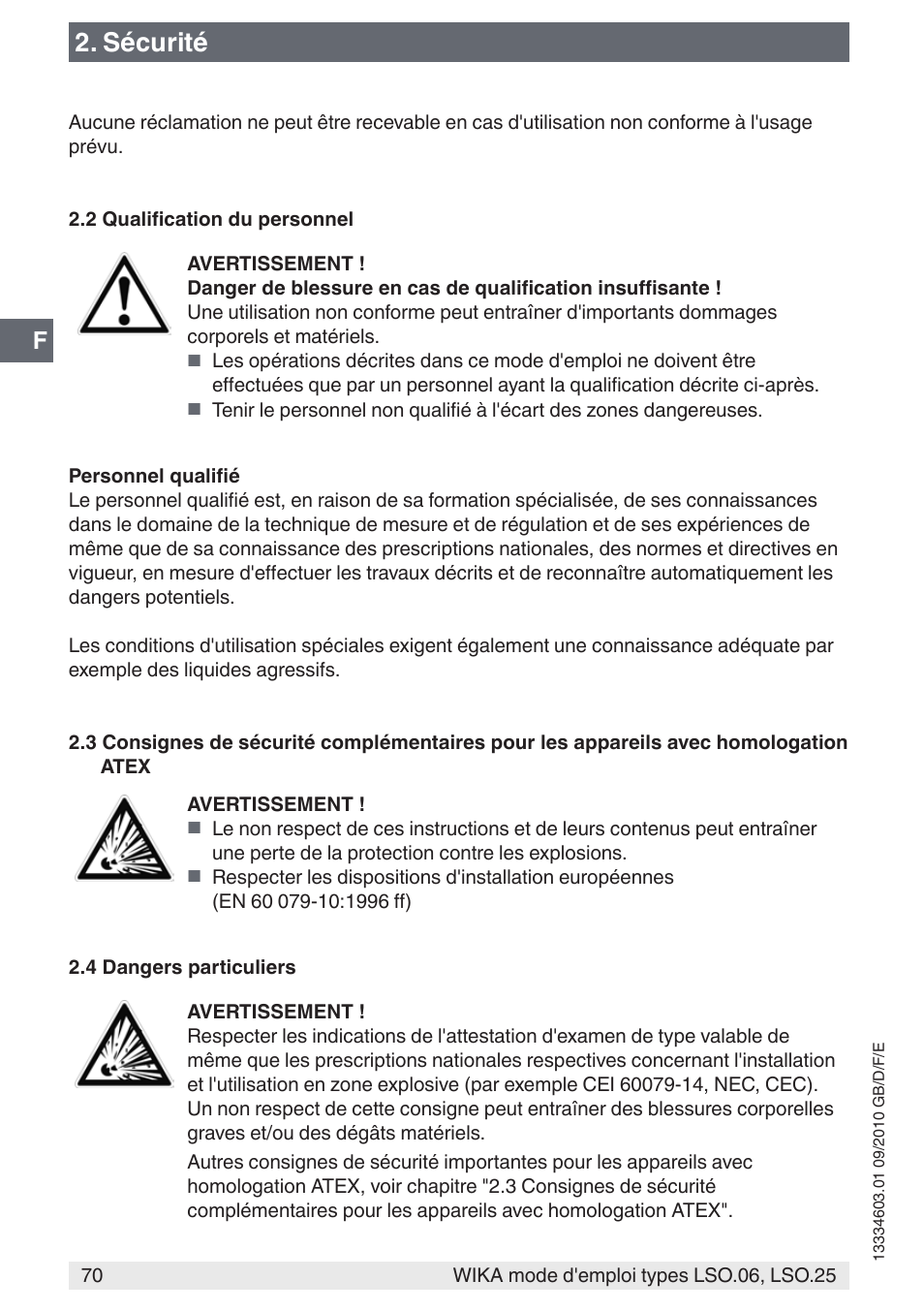 Sécurité | WIKA LSO.25 User Manual | Page 70 / 132