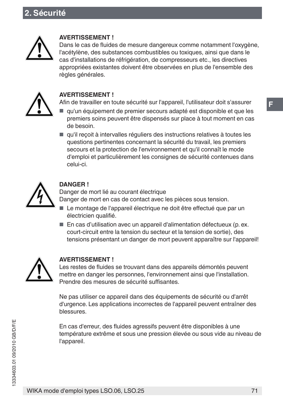 Sécurité | WIKA LSO.25 User Manual | Page 71 / 132