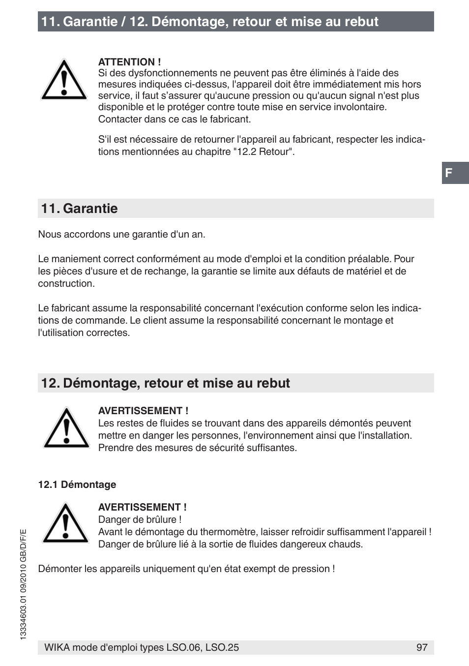 Garantie, Démontage, retour et mise au rebut, Garantie / 12. démontage, retour et mise au rebut | WIKA LSO.25 User Manual | Page 97 / 132