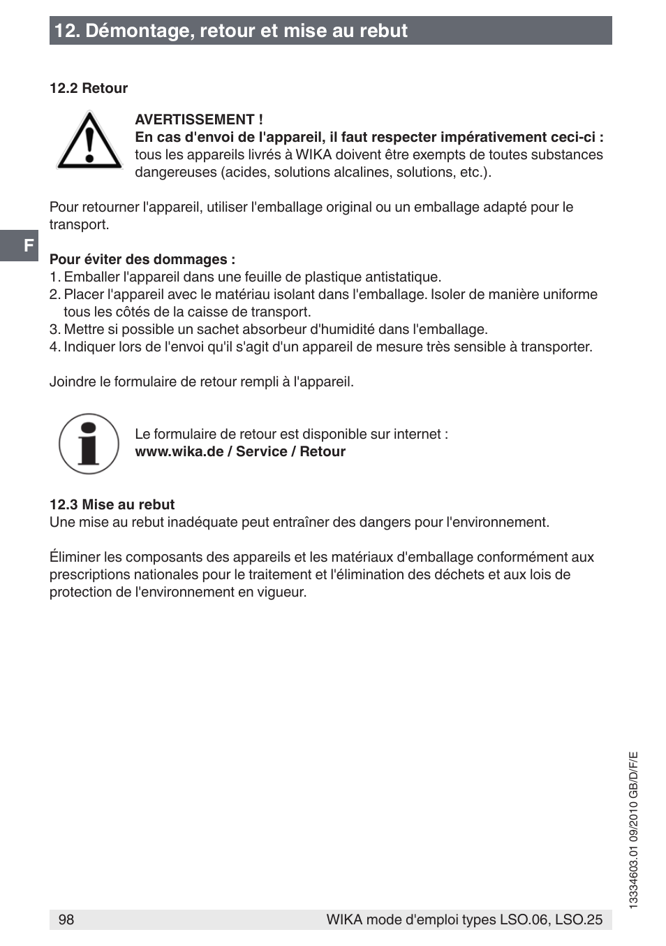 Démontage, retour et mise au rebut | WIKA LSO.25 User Manual | Page 98 / 132