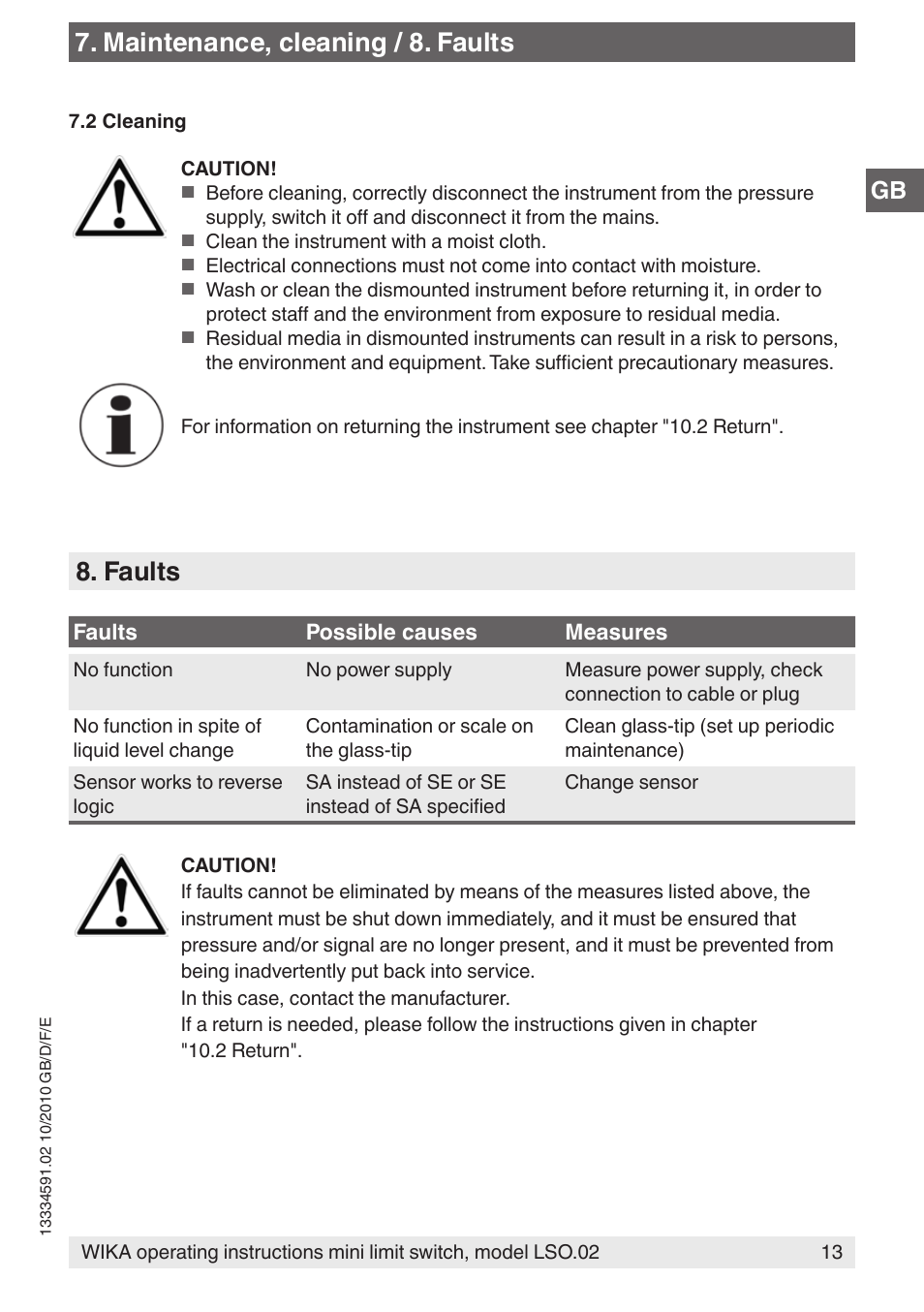 Maintenance, cleaning / 8. faults, Faults | WIKA OLS-C20 User Manual | Page 13 / 60