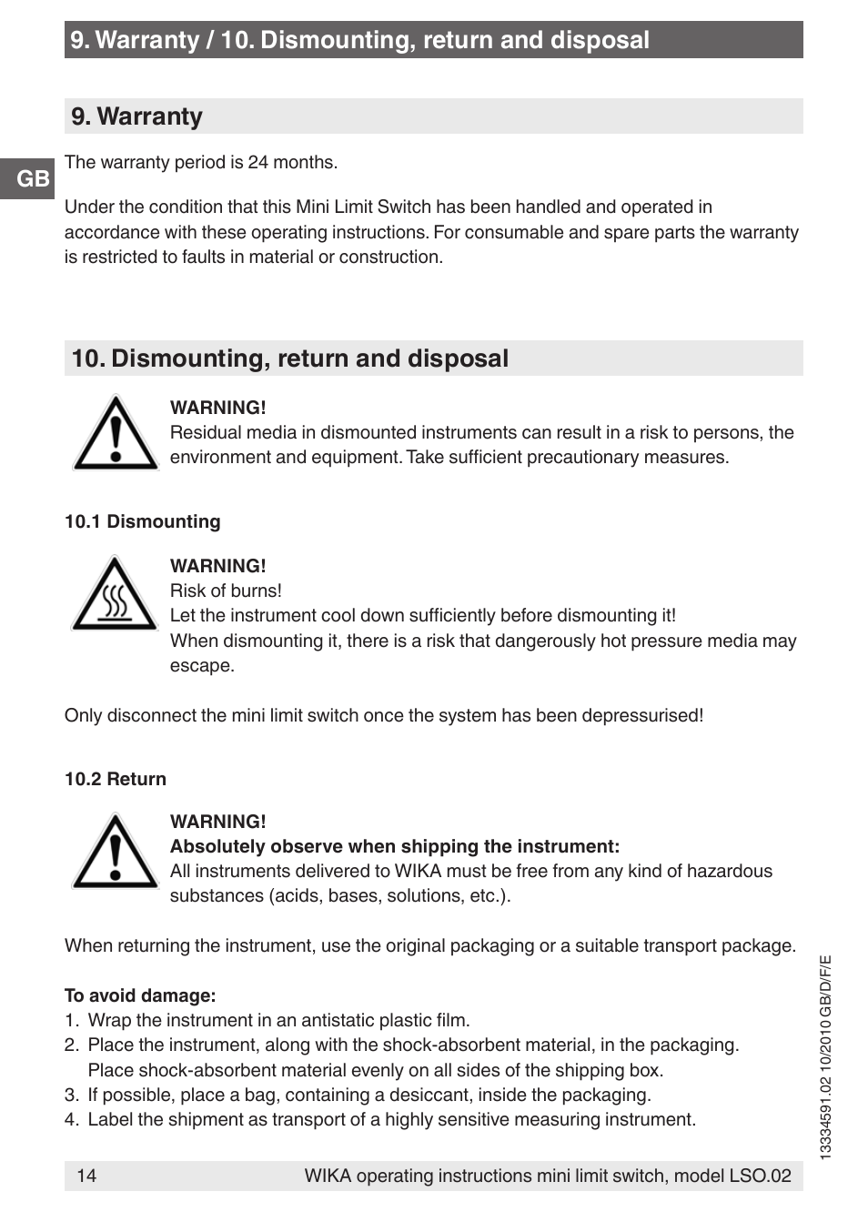 Dismounting, return and disposal | WIKA OLS-C20 User Manual | Page 14 / 60