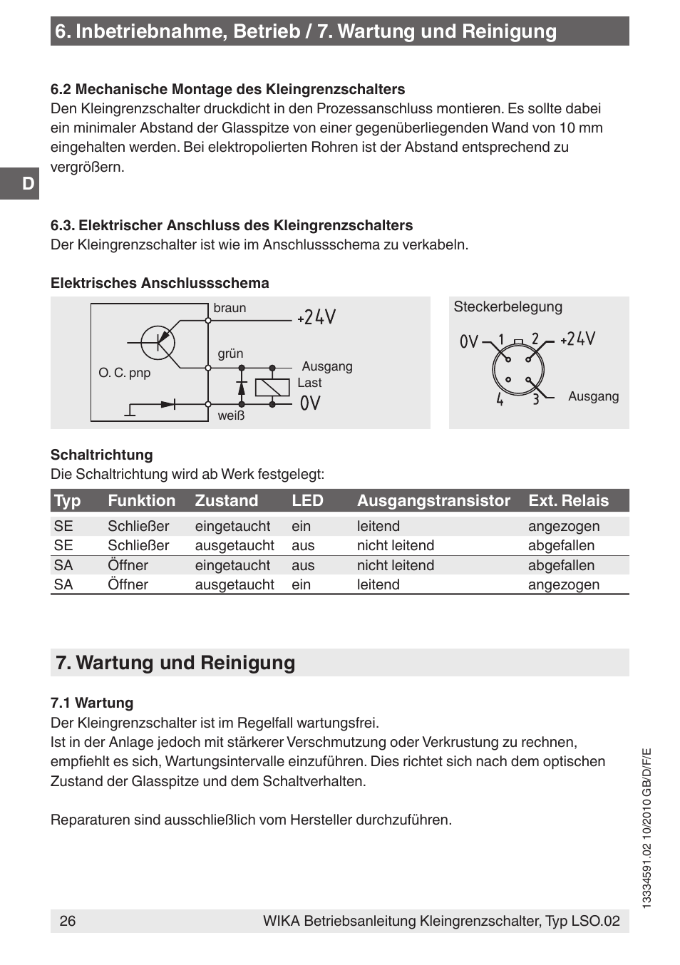 Inbetriebnahme, betrieb / 7. wartung und reinigung, Wartung und reinigung | WIKA OLS-C20 User Manual | Page 26 / 60