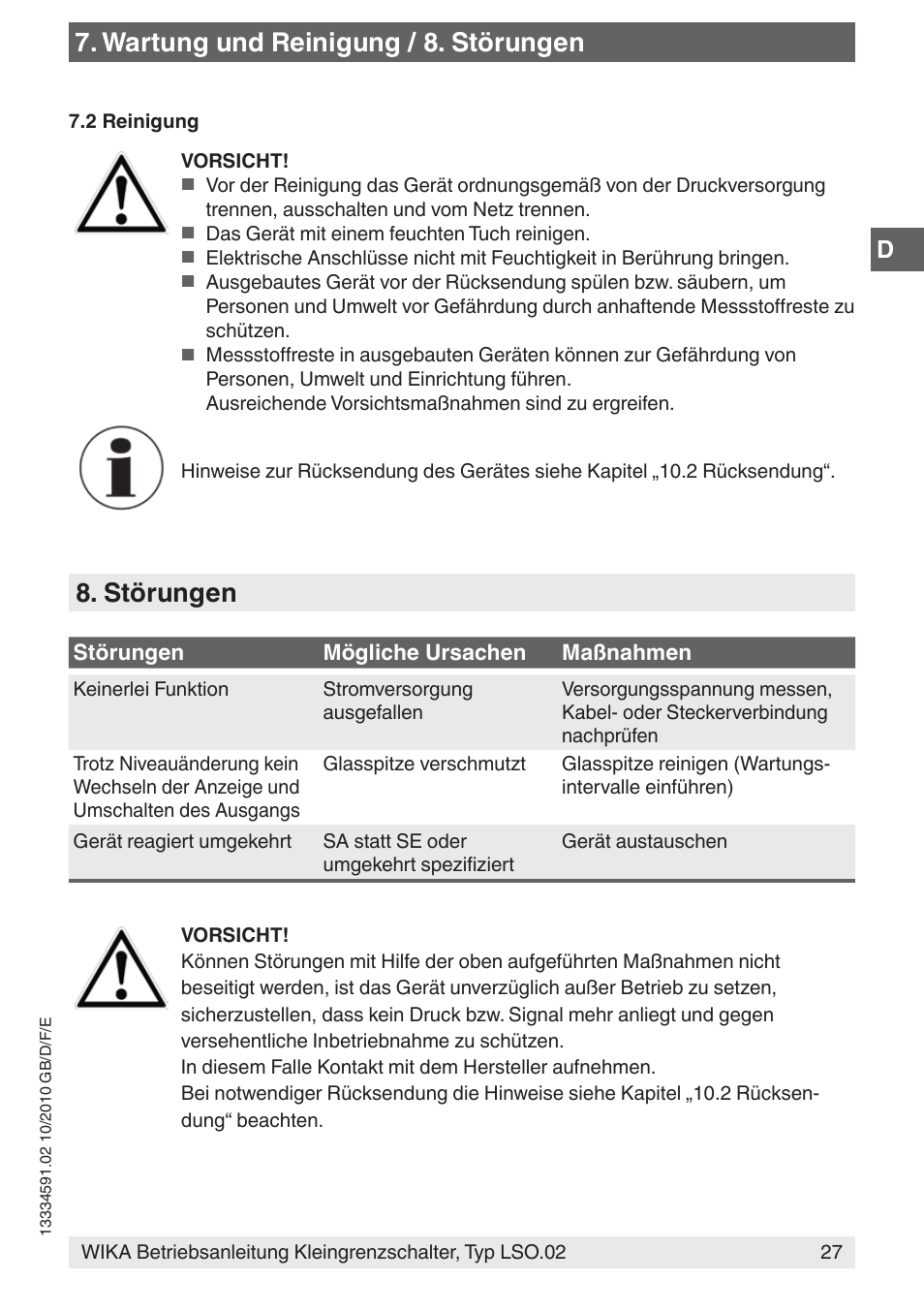 Wartung und reinigung / 8. störungen, Störungen | WIKA OLS-C20 User Manual | Page 27 / 60