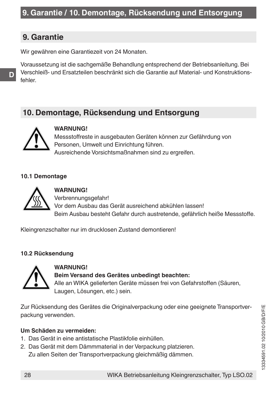 Demontage, rücksendung und entsorgung | WIKA OLS-C20 User Manual | Page 28 / 60