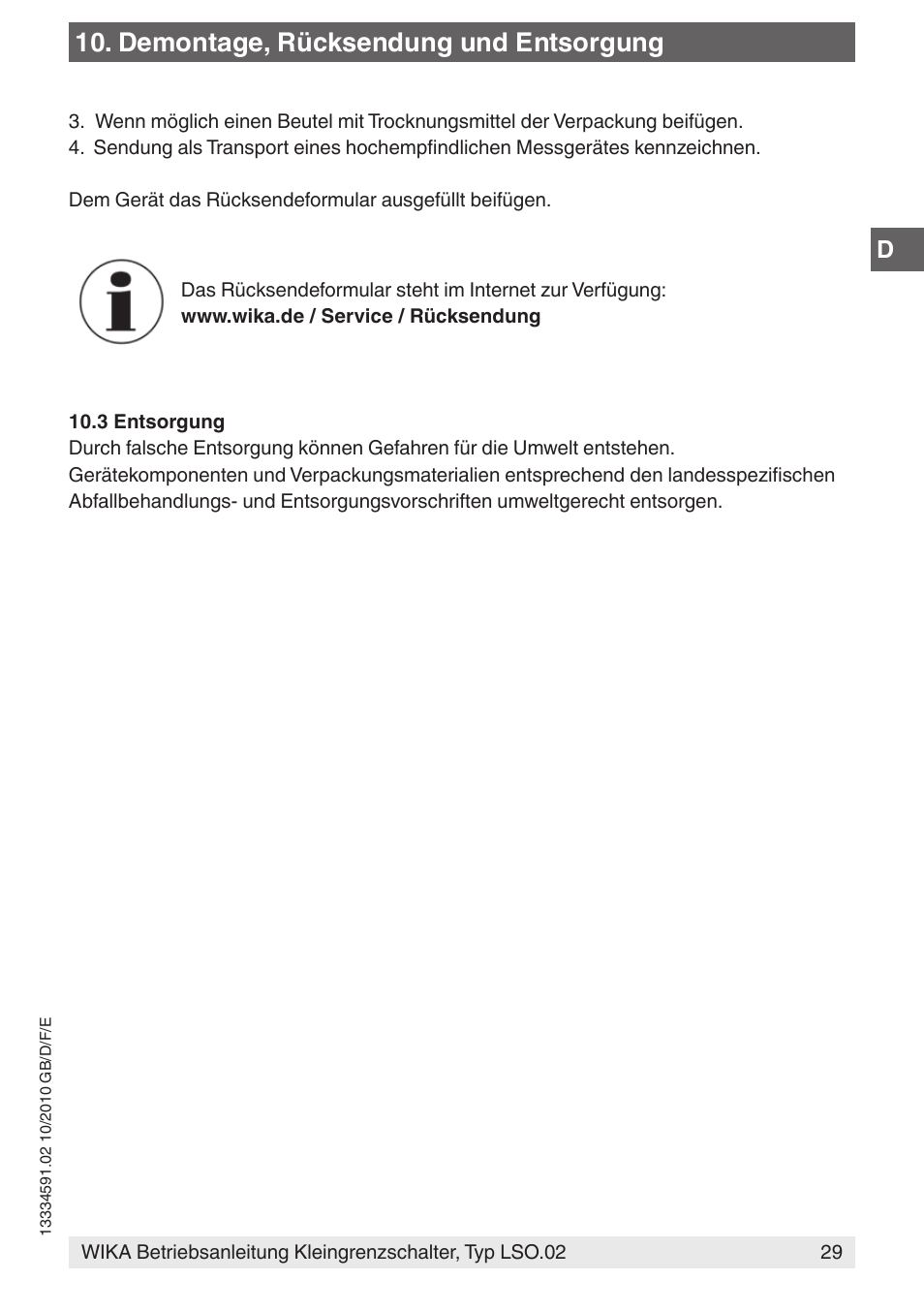 Demontage, rücksendung und entsorgung | WIKA OLS-C20 User Manual | Page 29 / 60