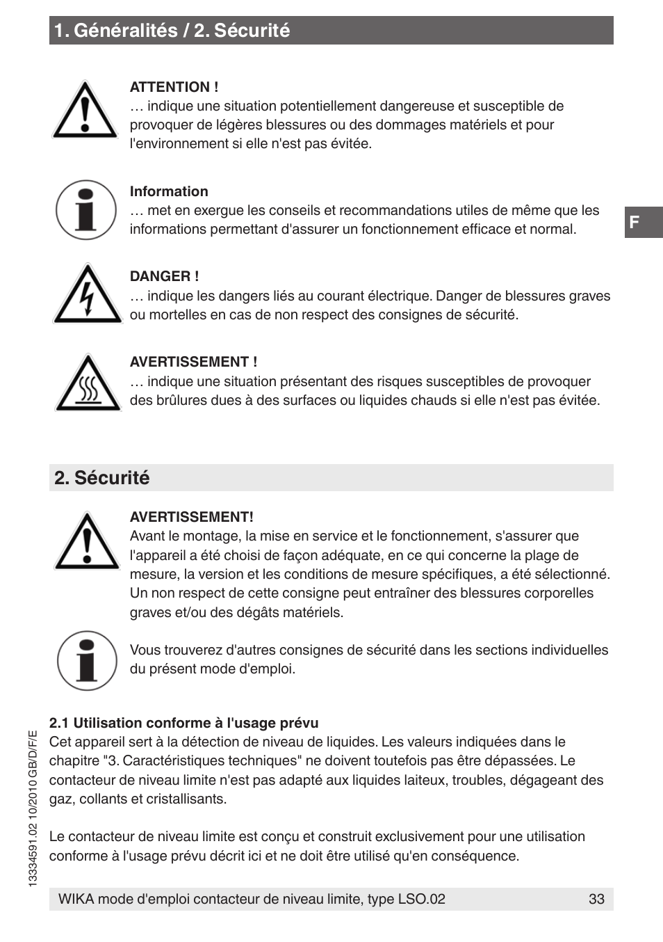 Généralités / 2. sécurité, Sécurité | WIKA OLS-C20 User Manual | Page 33 / 60