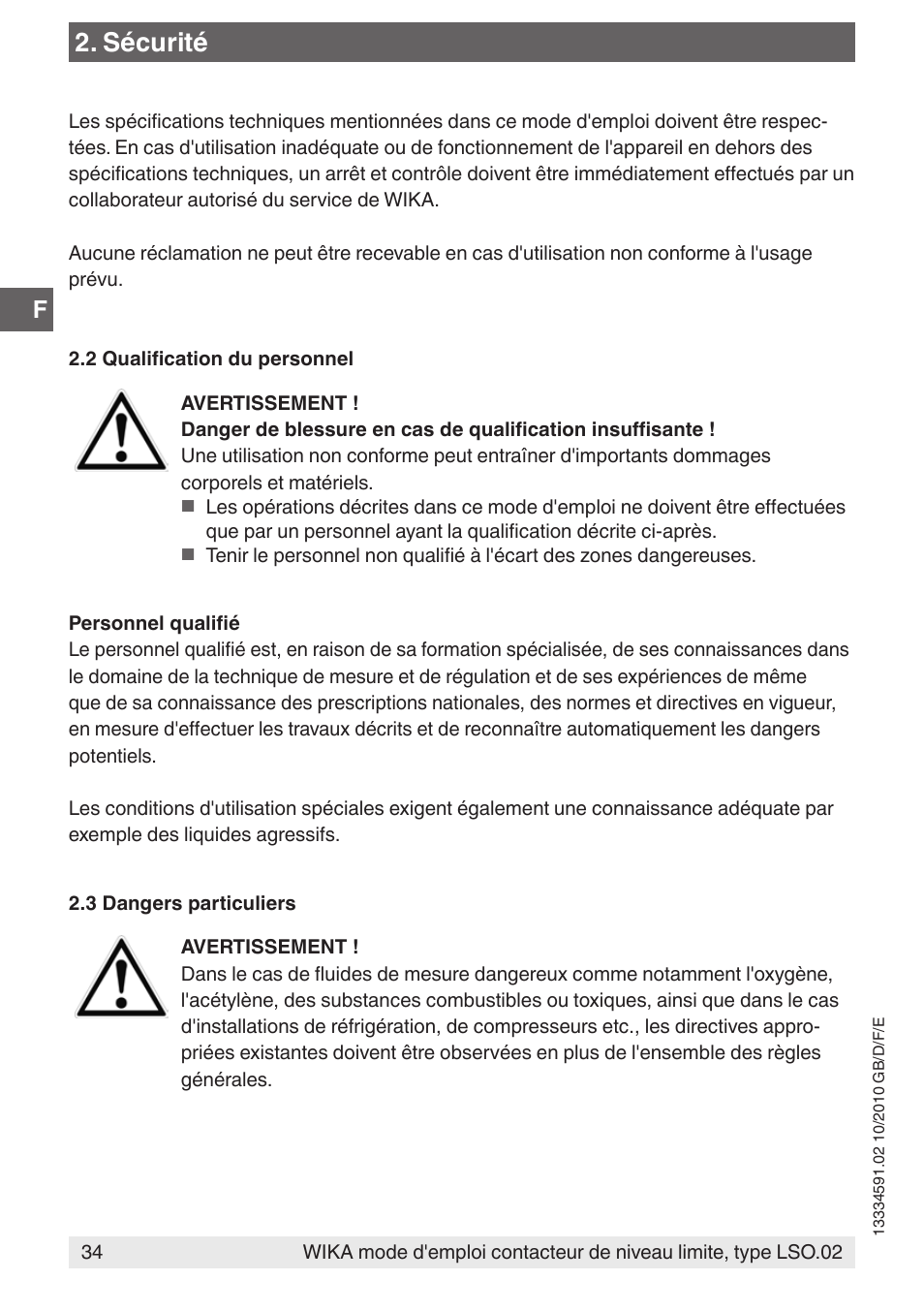 Sécurité | WIKA OLS-C20 User Manual | Page 34 / 60