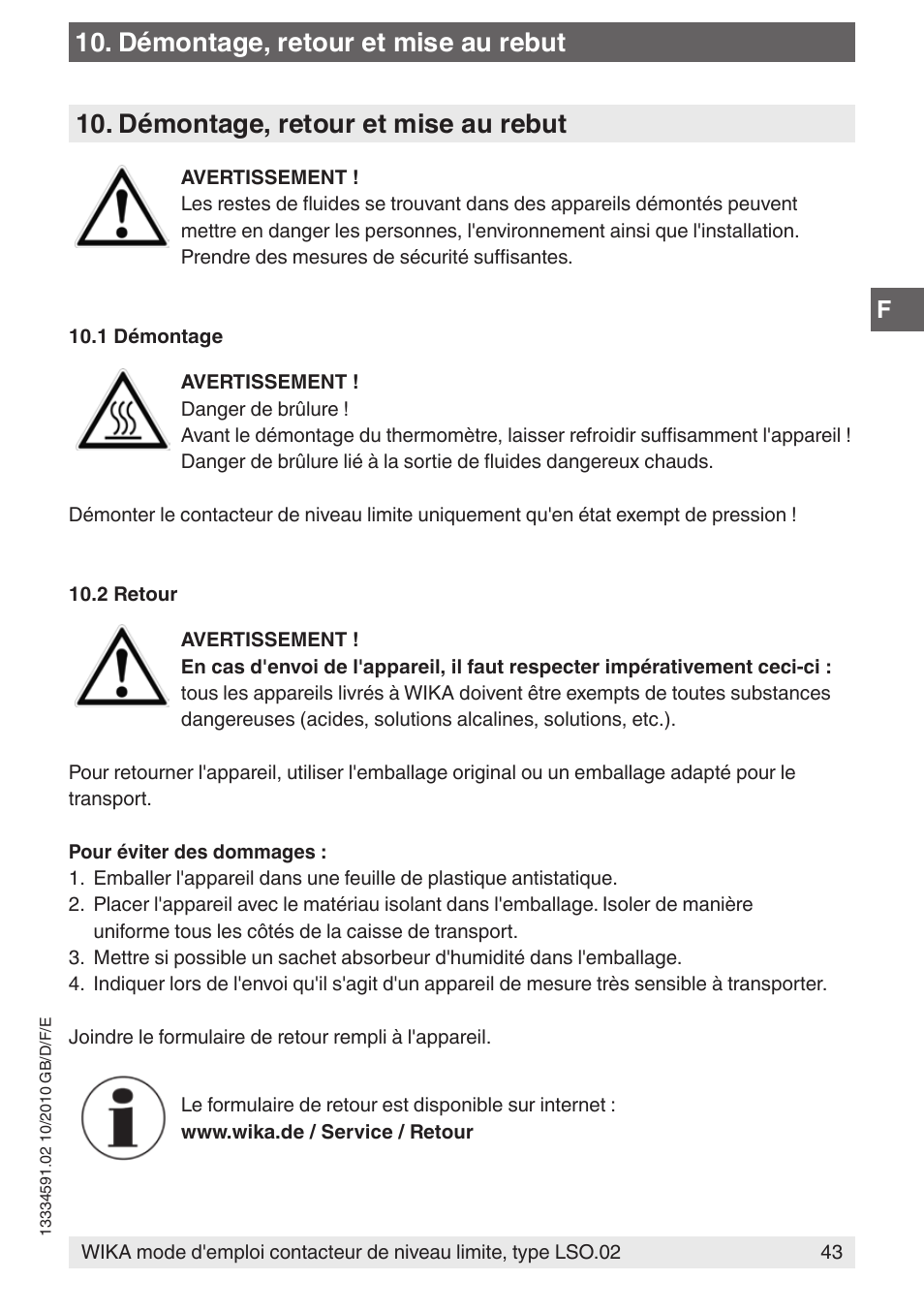 Démontage, retour et mise au rebut | WIKA OLS-C20 User Manual | Page 43 / 60