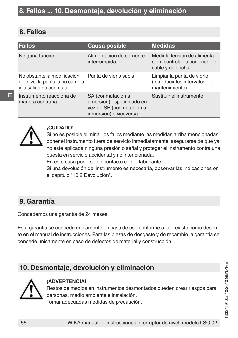 Garantía, Desmontaje, devolución y eliminación | WIKA OLS-C20 User Manual | Page 56 / 60